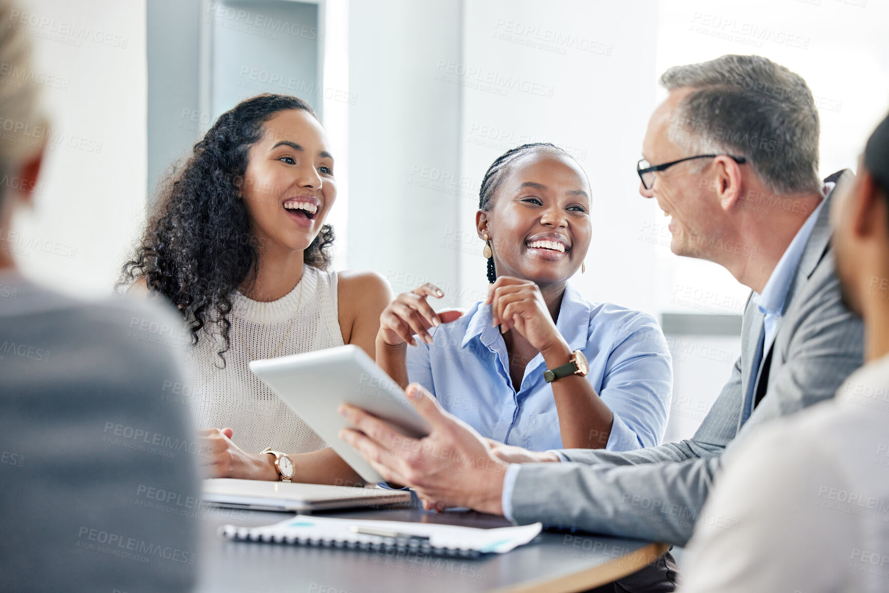 Buy stock photo Happy, business people and meeting with tablet and mentor in office for training and onboarding employees. Smile, corporate group and conversation with feedback for  interns learning in boardroom