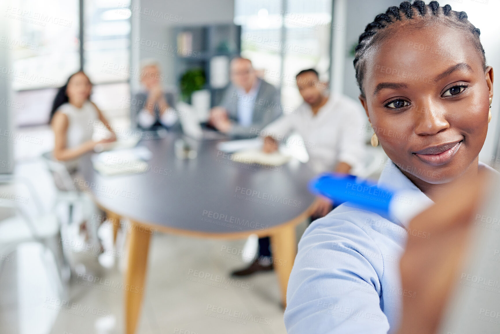 Buy stock photo Black business woman, presentation or meeting writing notes for collaboration, teamwork and planning. Female person, group or coworkers together in boardroom for brainstorming, discussion or idea