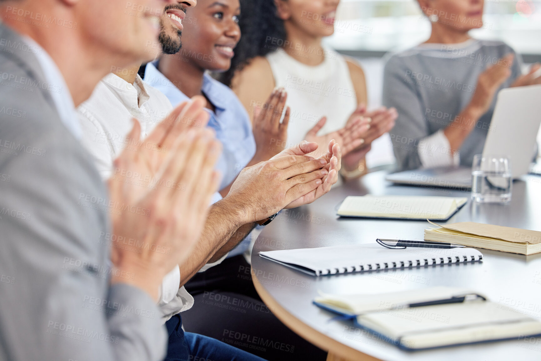 Buy stock photo Happy, business people and hands clapping in meeting, conference or seminar for communication to trainees. Smile, corporate audience and discussion with notebooks in boardroom for training interns