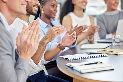 Buy stock photo Happy, business people and hands clapping at meeting with notebooks in office for seminar or trade show. Smile, corporate group and conference with applause in boardroom for training interns