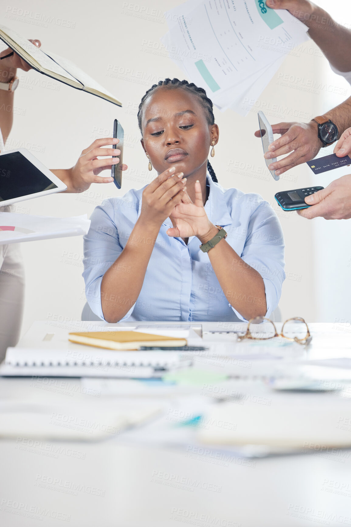 Buy stock photo Business, black woman and and ignore hands for multitasking, work pressure and thoughts leave chaos for burnout. Girl, paper and technology for deadline of task or project and overlook with disregard