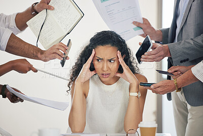 Buy stock photo Stress, headache and multitask with business woman for frustrated, pressure and burnout. Mental health, tired and overworked with female employee in office meeting for chaos, crisis or accountability