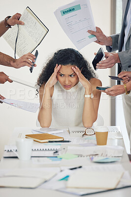 Buy stock photo Stress, headache and pressure with business woman for frustrated, overworked or burnout. Mental health, tired and overworked with female employee in office meeting for chaos, crisis or accountability