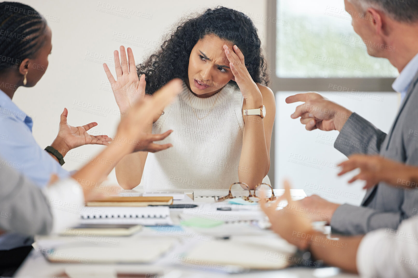 Buy stock photo Businesswoman, meeting and stress or crisis headace with decision fatigue or colleagues, mistake or disagree. Female person, hands and migraine pain with anxiety for deadline, bankrupt or argument