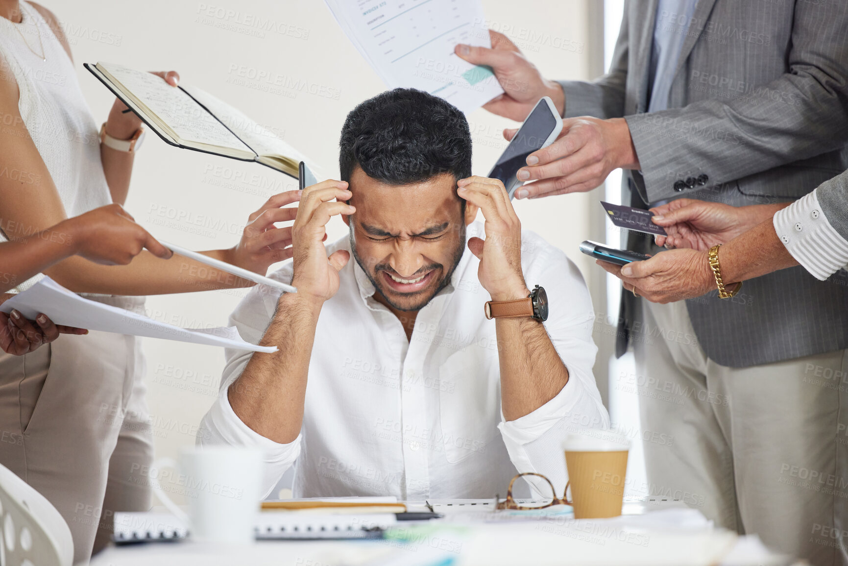 Buy stock photo Business, stress and man with a headache, multitasking and anxiety with documents, deadline and demand. Male person, consultant and employee with a migraine, overworked or burnout with depression