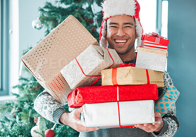 Buy stock photo Man, portrait and happy for christmas gift, cheerful or fun and giving or party celebration. Present box, presents and excited or festive for holiday, surprise and smiling face with fun at home
