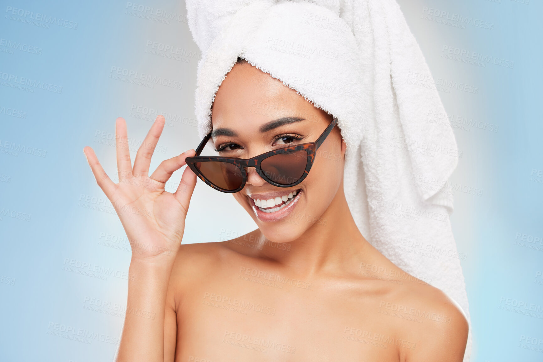 Buy stock photo Young woman, cosmetics and portrait with smile in studio background for skincare and beauty with sunglasses. Female person, dermatology or grooming fresh for wellness, hygiene and anti aging or glow