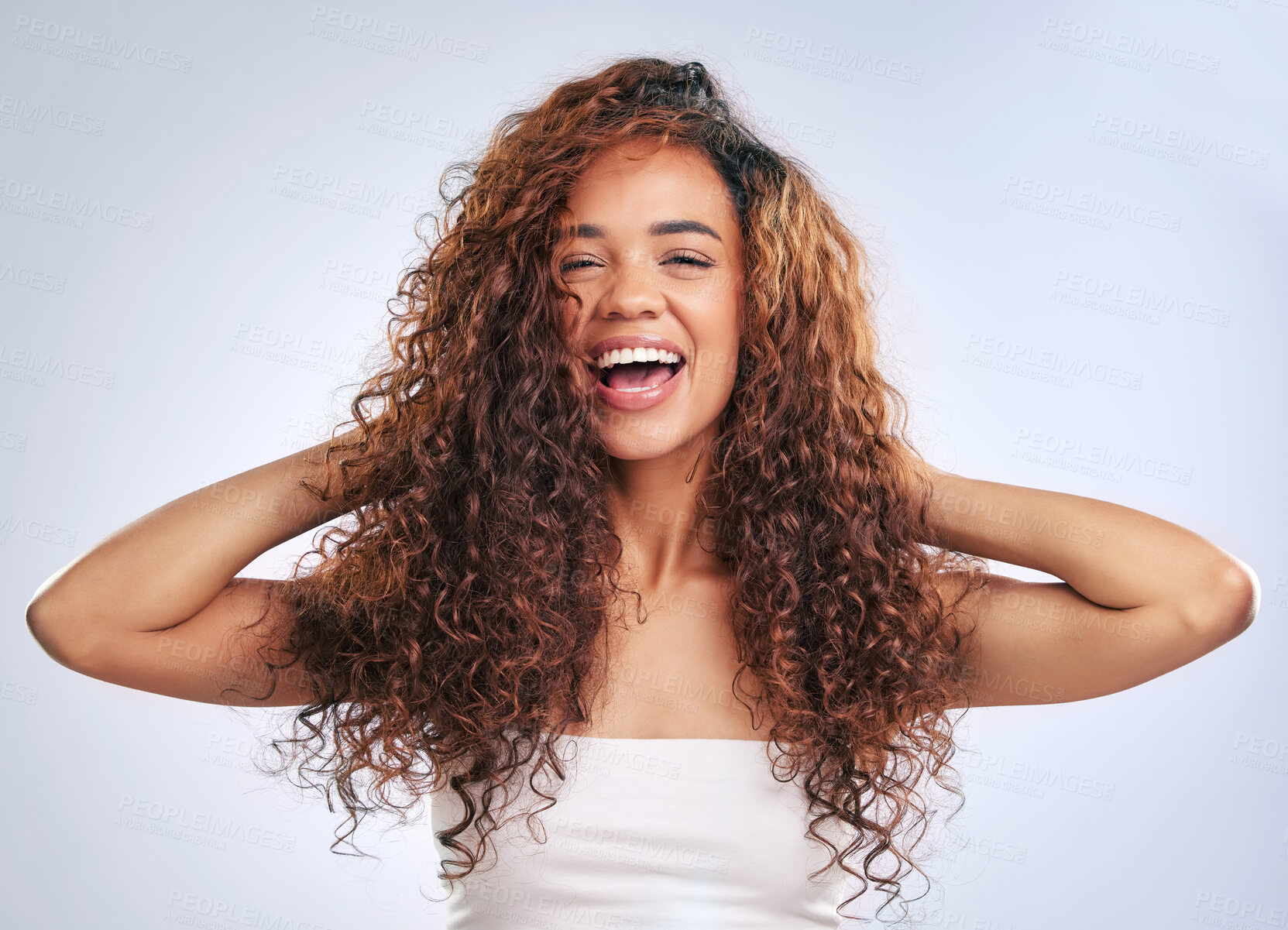 Buy stock photo Woman, natural hair and curly hairstyle in studio with smile and face glow. Portrait of African person with healthy curls and growth as benefits or results of shampoo or cosmetics on white background