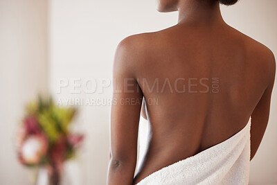 Buy stock photo Rearview shot of a young woman posing topless