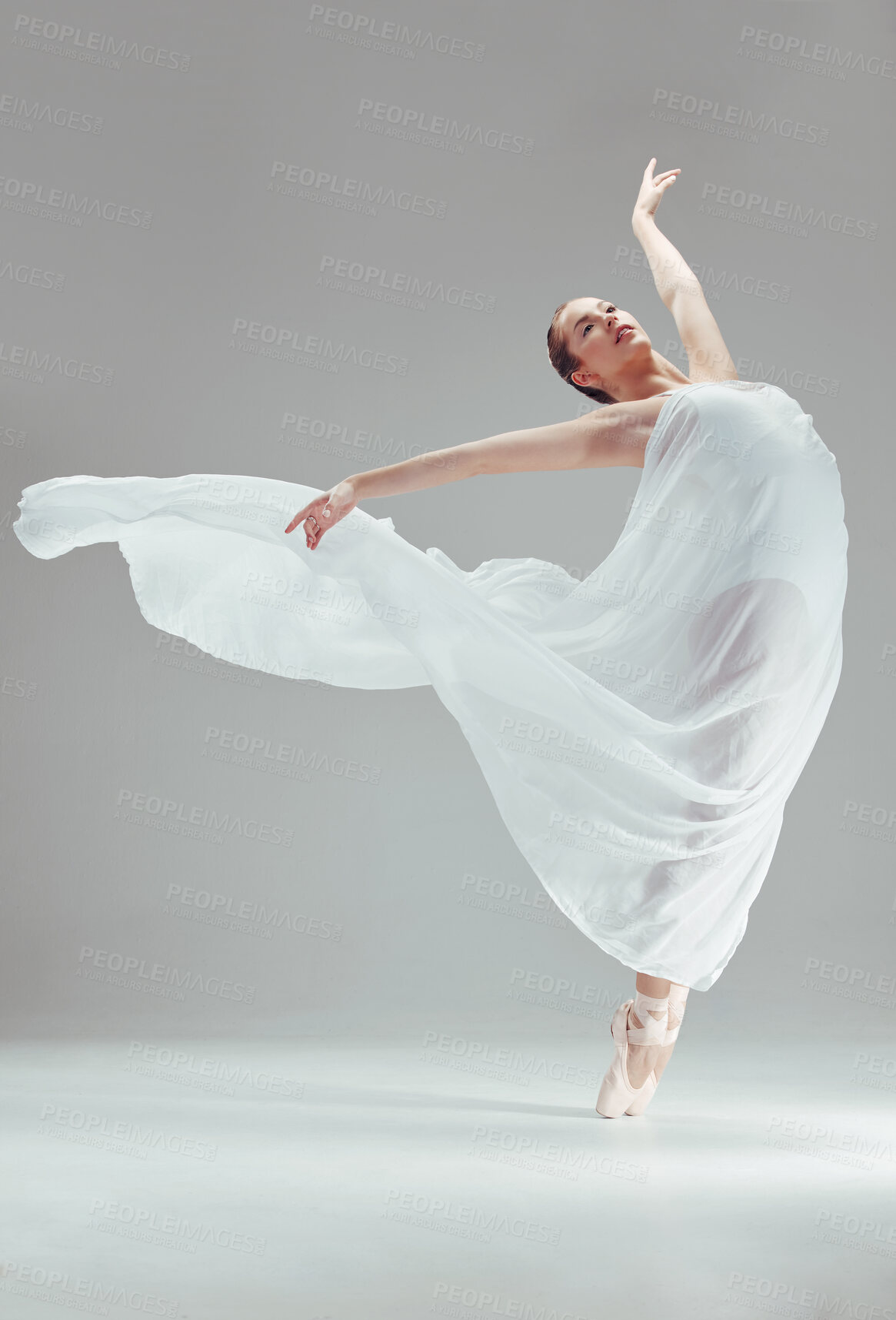 Buy stock photo Ballet, performance and woman with fabric in studio for dancing, balance and art or sport. Female dancer, talent and fitness by white background for movement, beauty and artist training in theatre