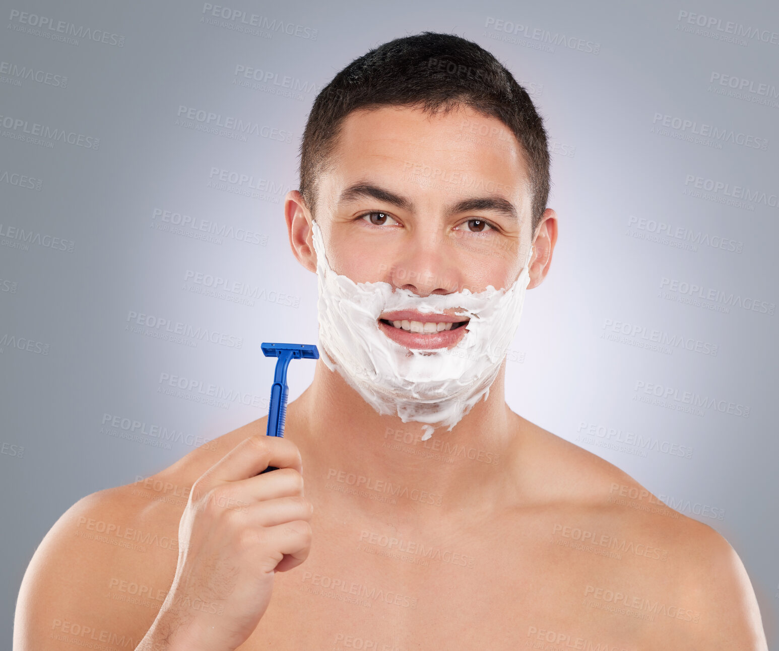 Buy stock photo Shaving cream, razor or portrait of man with beard hair removal foam for skincare or cosmetics in studio. Soap, smile or happy male person on white background for beauty, facial treatment or wellness