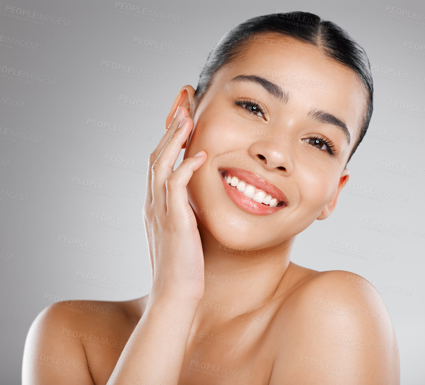 Buy stock photo Skincare, natural beauty and happy woman portrait with cosmetics, confidence and dermatology. Female model, smile and youth with a young and happy face closeup and cosmetics treatment in a studio