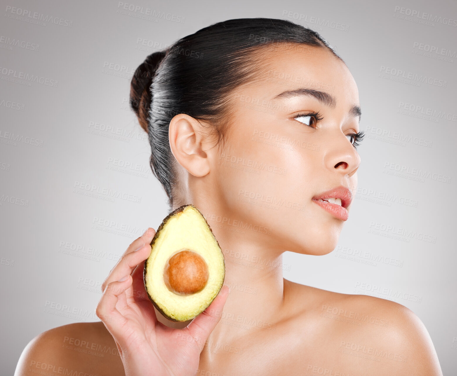 Buy stock photo Studio, results or woman with avocado for cleaning, detox or healthy pores for beauty, vitamin c or diet. White background, girl or fruit for skincare cosmetics or natural facial anti aging treatment