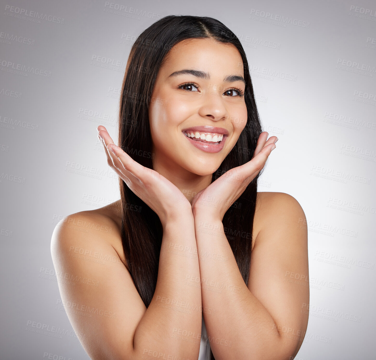 Buy stock photo Hair care, beauty or woman with smile, portrait or style for confidence, results or keratin treatment. Face, happy or girl model in studio on grey background for wellness, natural growth or cosmetics