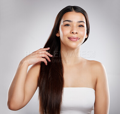 Buy stock photo Woman with smile in portrait, hair and beauty with hairstyle and shine, haircare and growth isolated on studio background. Female model, keratin treatment and cosmetic care with texture and glossy