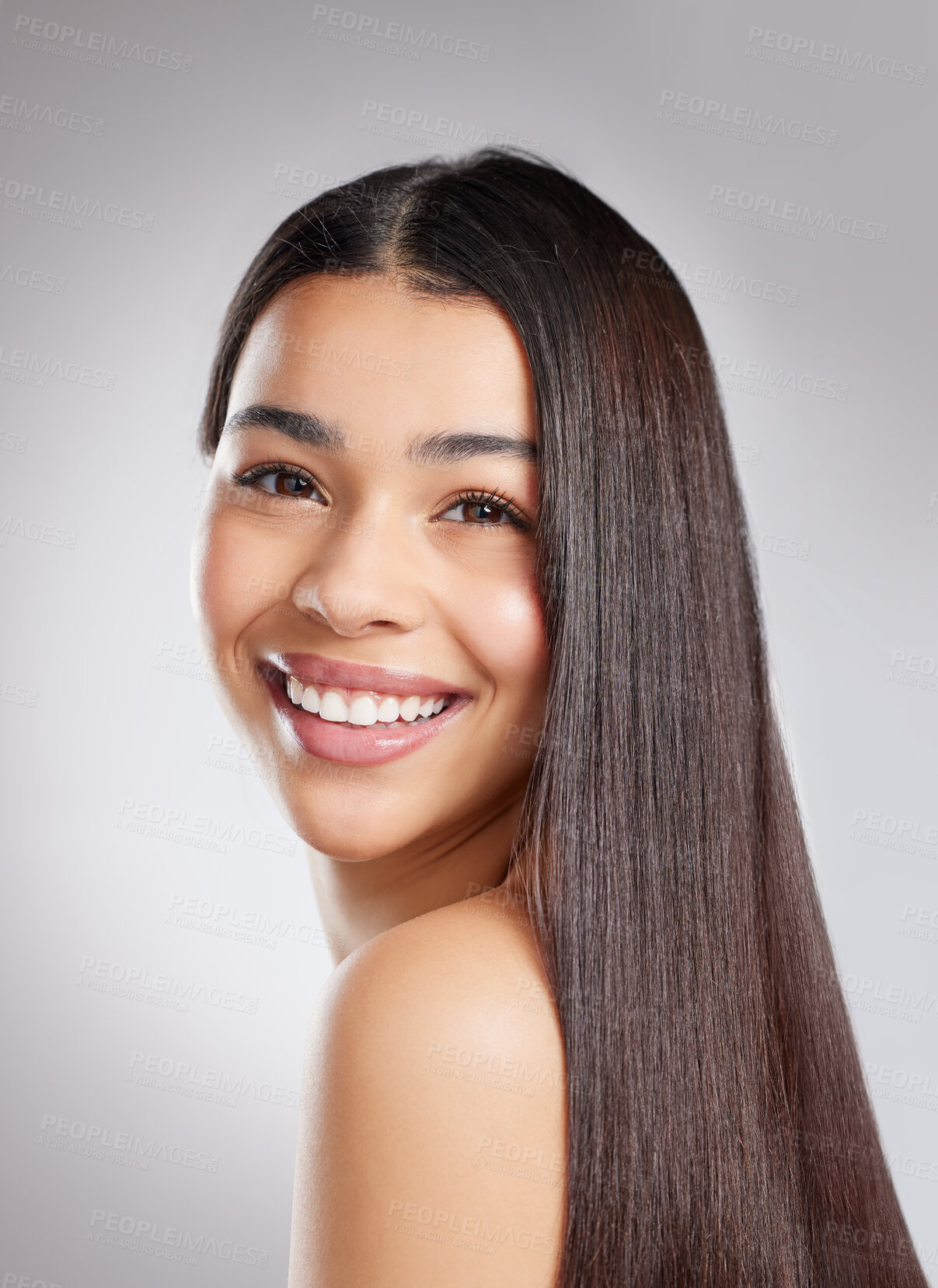 Buy stock photo Hair, haircare and happy woman with beauty and salon hairstyle, cosmetic care and portrait isolated on studio background. Female model with smile, shine and growth, Brazilian or keratin treatment