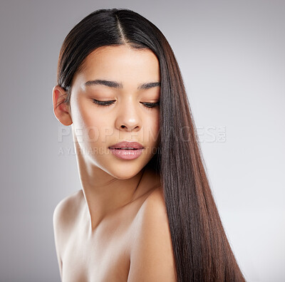 Buy stock photo Hair, haircare and woman with beauty and salon hairstyle, Brazilian or keratin treatment isolated on studio background. Female model with growth, shine and glossy with cosmetic care and elegance