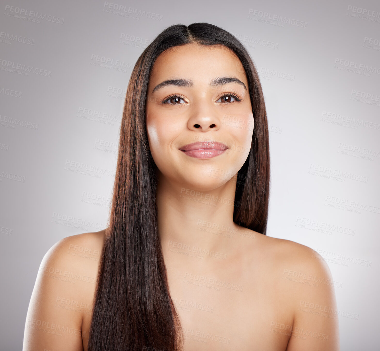 Buy stock photo Woman face, hair and beauty with hairstyle and shine, haircare and growth isolated on studio background. Female model smile in portrait, keratin treatment and cosmetic care with texture and glossy