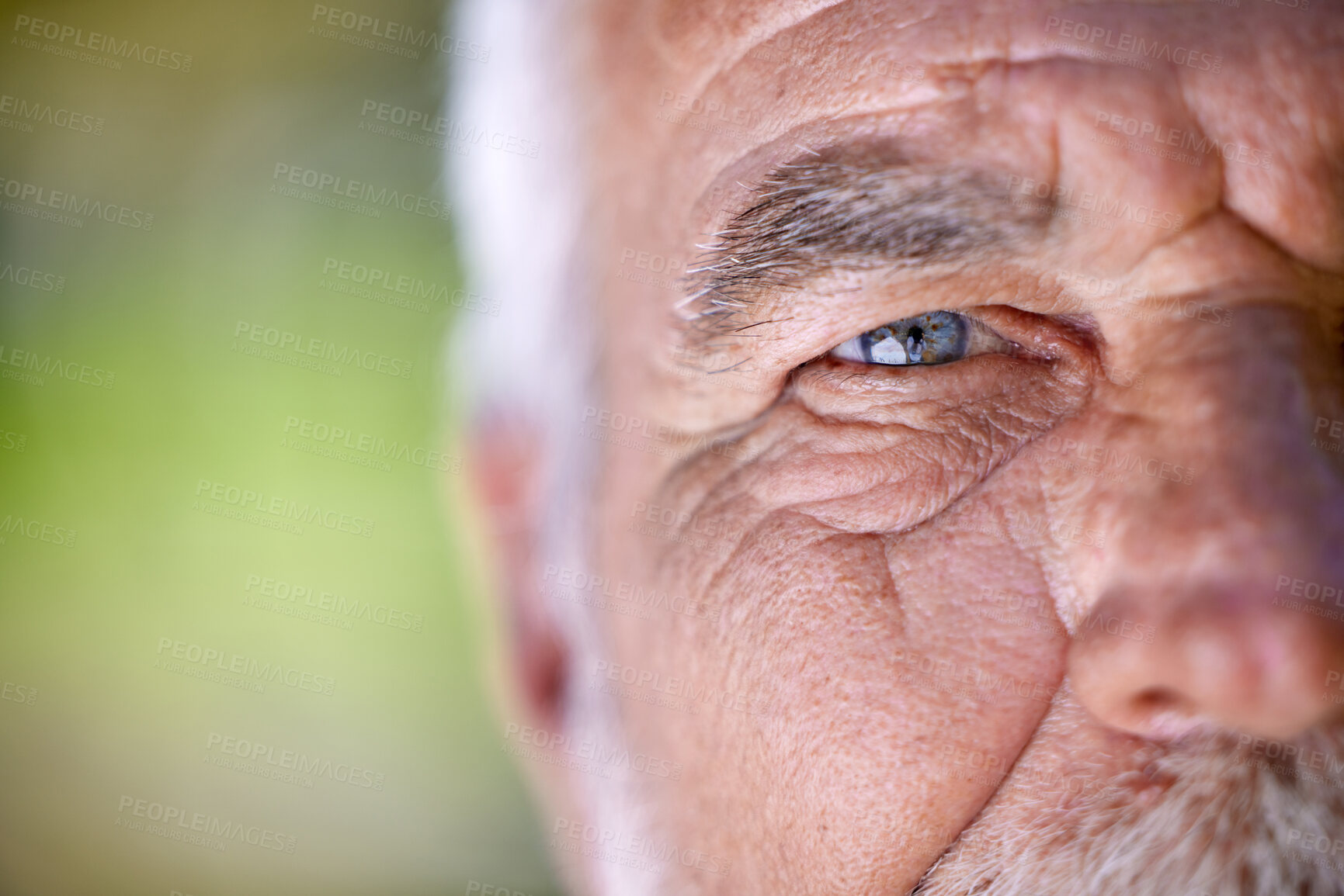 Buy stock photo Eyes, vision and old man, face closeup and wisdom with focus, insight and thinking with mockup space. Elderly male person outdoor, perspective or point of view with eyesight, wrinkles and thoughtful