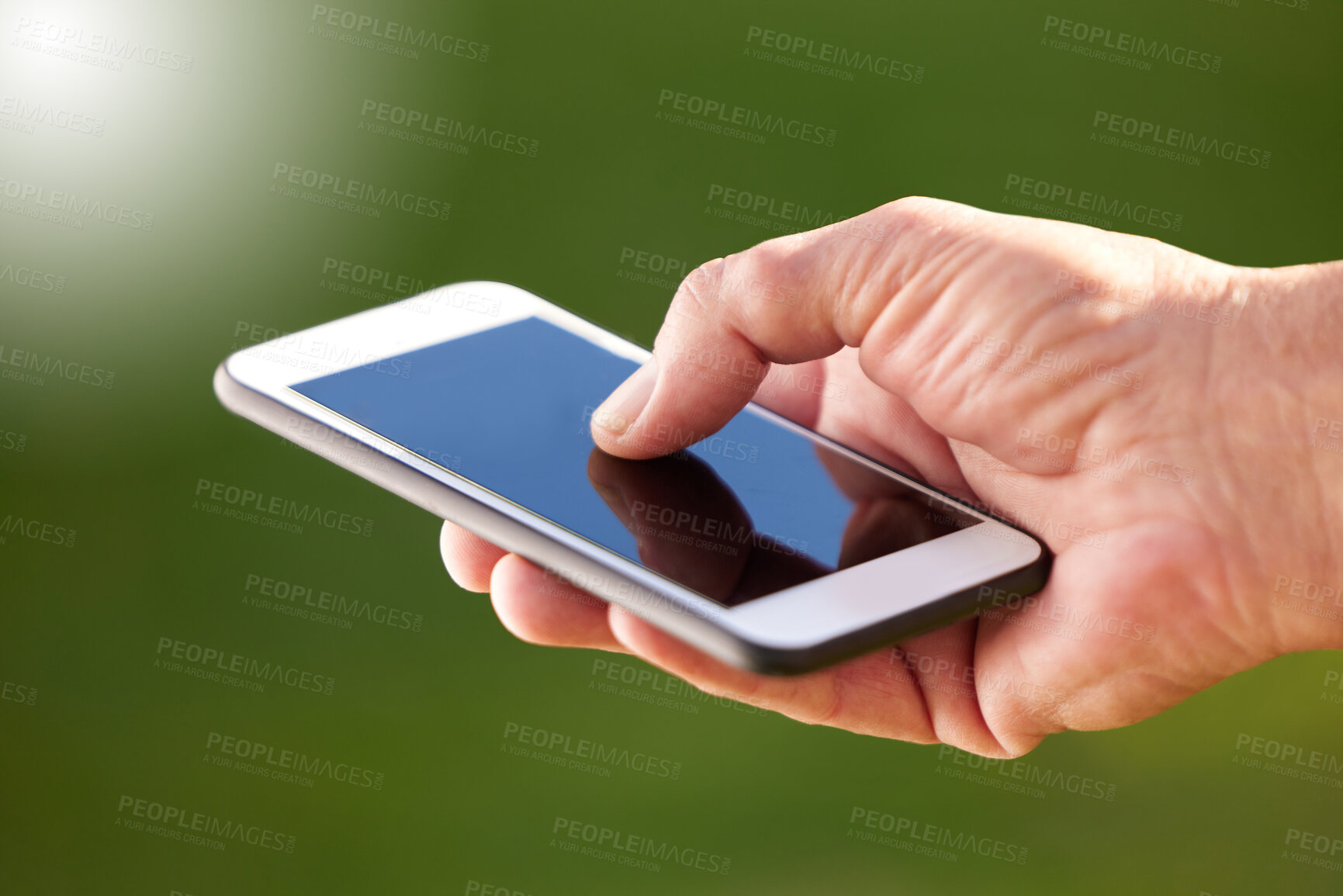 Buy stock photo Hand, smartphone and technology for digital, communication and connection for social media or texting. Person, mobile and typing for reply, message or search on internet for app with mockup space 