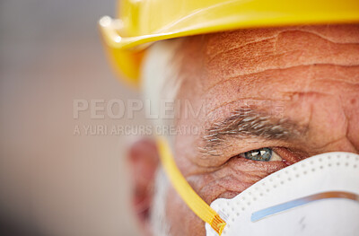 Buy stock photo Safety, eye and construction worker for closeup of person, hardhat and portrait for PPC gear at site. Mature engineer, protective wear and serious at work for care, protection and prevention