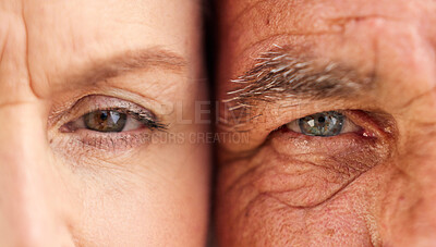 Buy stock photo Face, eyes and closeup of old couple with wrinkles on skin for natural aging process in retirement. Portrait, elderly man and senior woman looking with vision, nostalgia or perception of grandparents