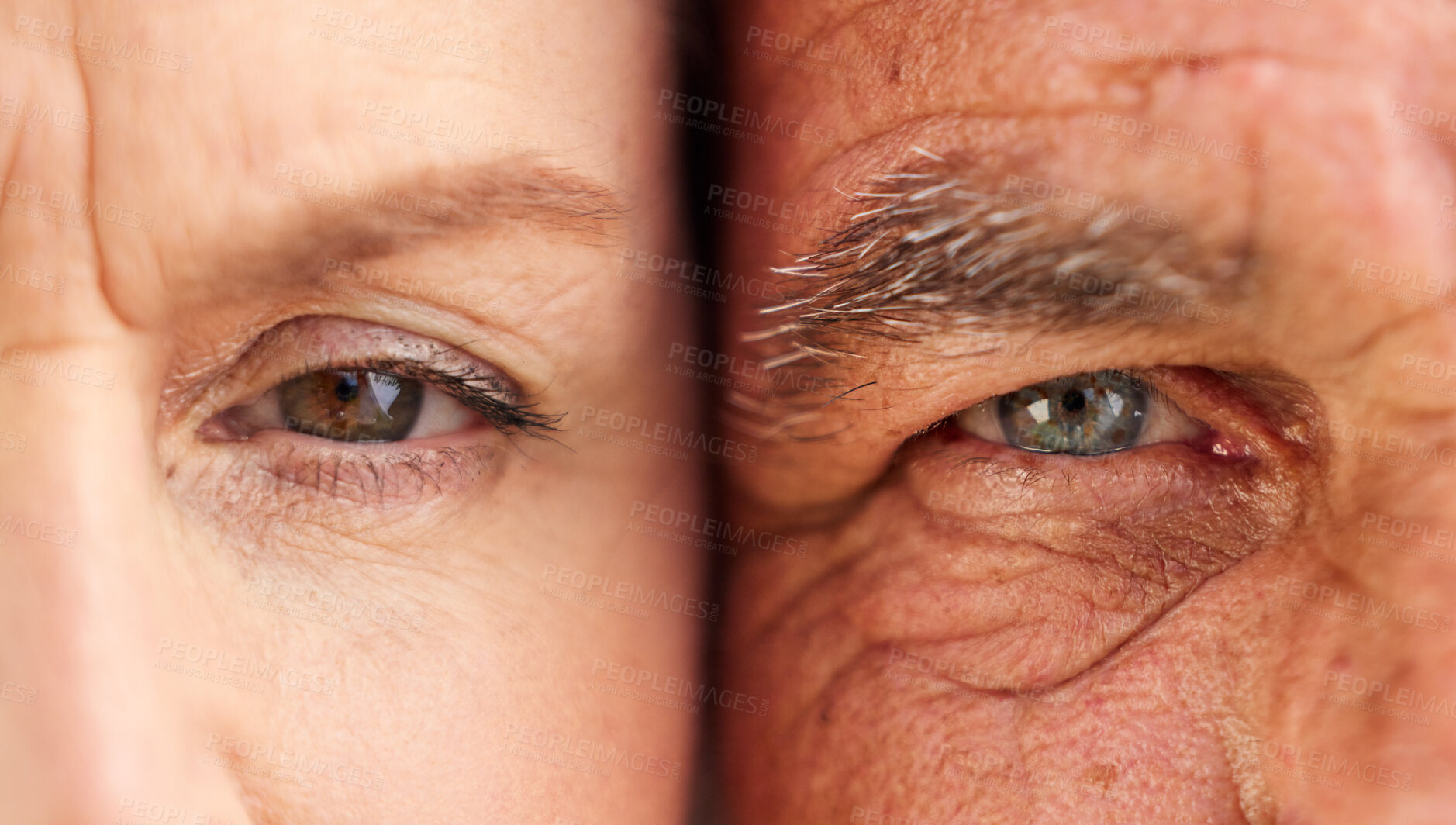 Buy stock photo Face, eyes and closeup of old couple with wrinkles on skin for natural aging process in retirement. Portrait, elderly man and senior woman looking with vision, nostalgia or perception of grandparents