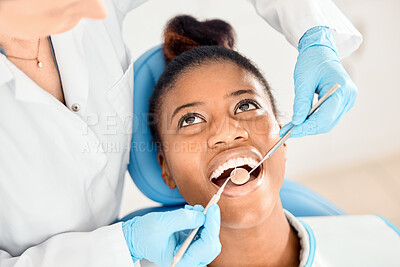 Buy stock photo Dentist, black woman and mouth cleaning of patient at a clinic with medical and healthcare for teeth. Mirror, orthodontist and African female person with wellness and dental work tool with care