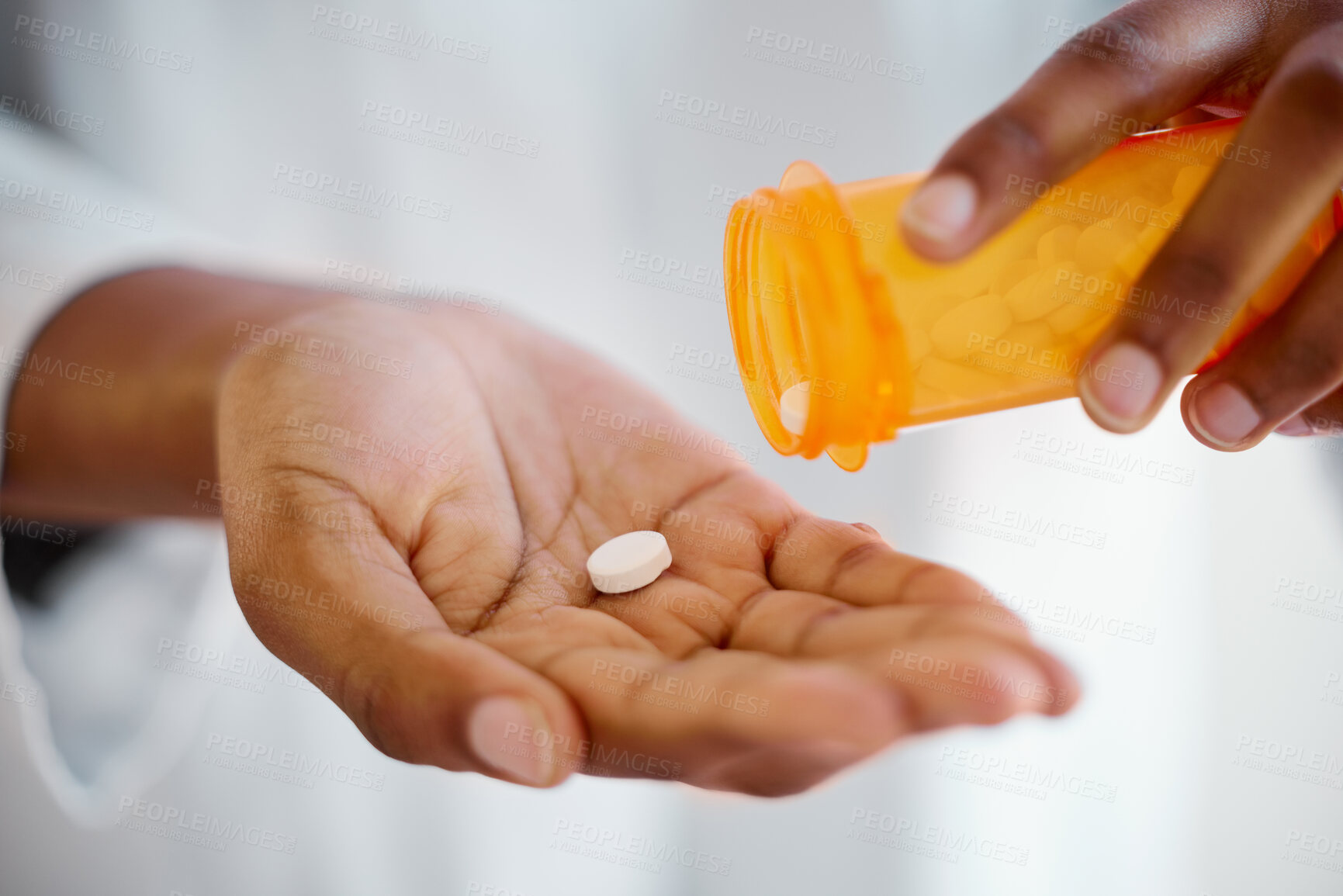 Buy stock photo Hands, pill bottle and palm in closeup for healthcare, supplement and wellness with pharma product. Sick person, medicine and orange container for health, self care and prescription drugs in zoom