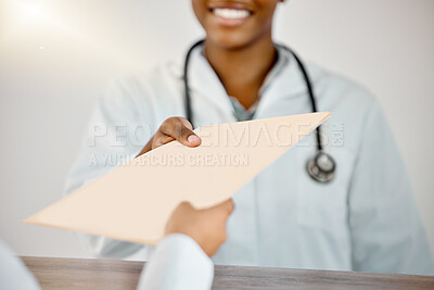 Buy stock photo Doctor, file and hands in office, healthcare and closeup of paperwork for patient, hospital and medical. Employee, professional and person with results of test, clinic and document and report