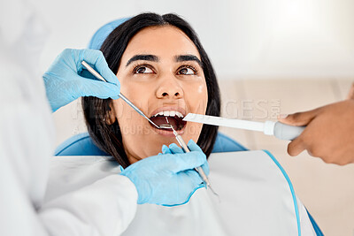 Buy stock photo Dentist, woman and patient at a clinic with medical and healthcare for teeth whitening. Mirror, orthodontist and female person with wellness and dental work tool in mouth with care and cleaning