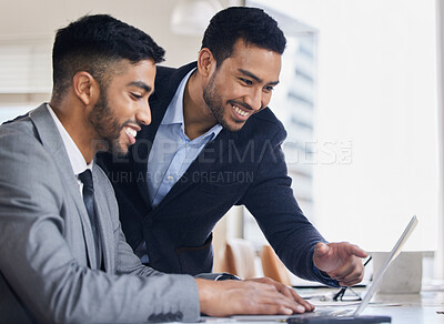Buy stock photo People, help and work on collaboration with laptop in business with teamwork and consultation. Project, mentor and man coaching person on computer with support for ideas or learning in conversation