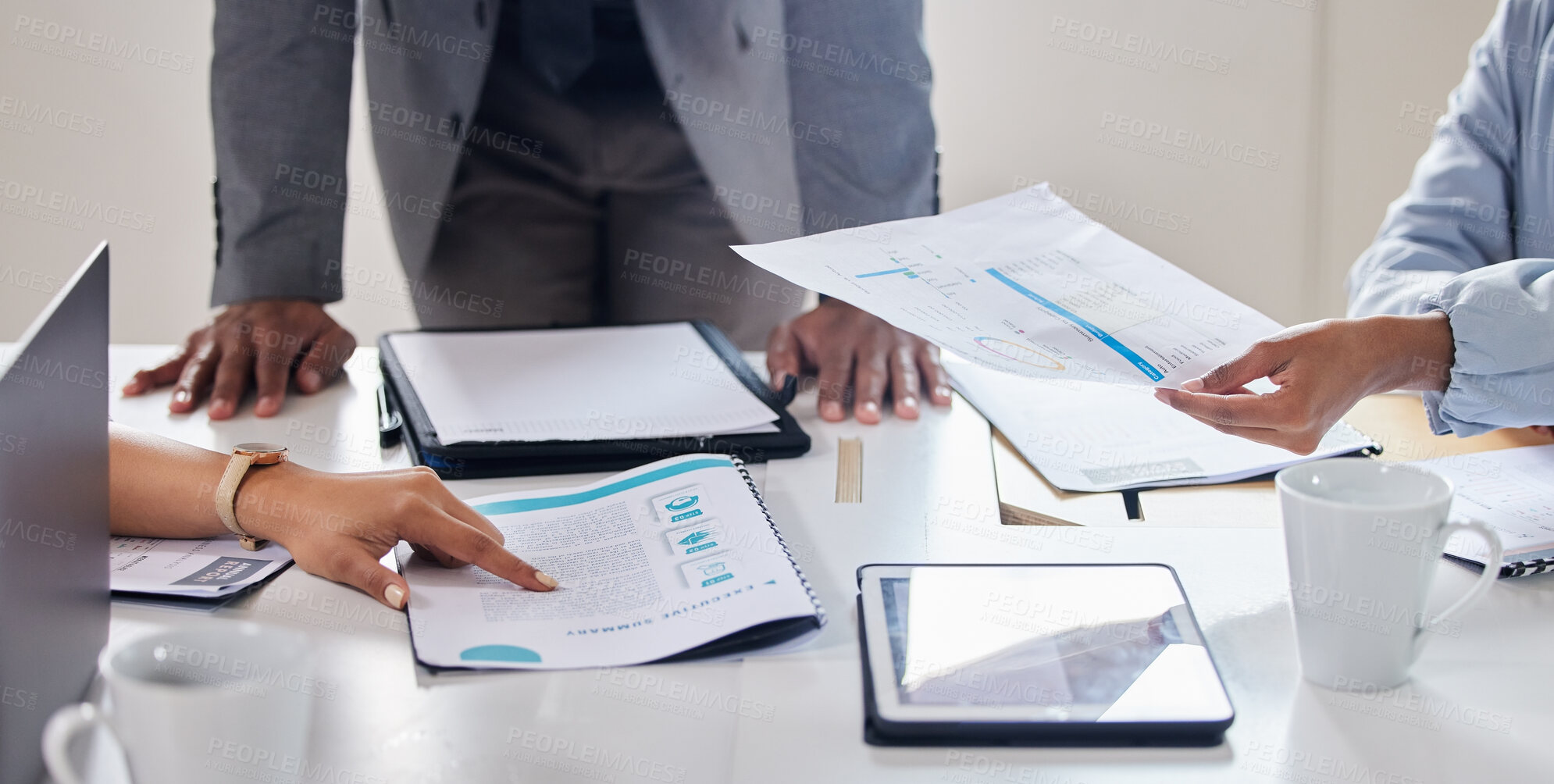 Buy stock photo Meeting, business people and hands with paper on desk for marketing strategy, sales report and planning. Advertising team, brainstorming and documents in office for research, discussion and analysis
