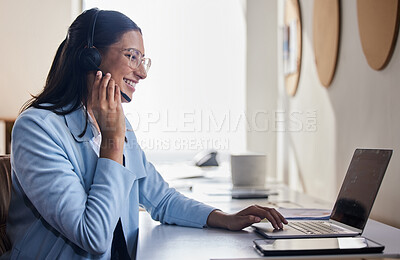 Buy stock photo Call center, smile and woman with laptop in office for telemarketing, ecommerce and communication. Happy, consultant and technology with headset for customer service, client support and help in crm