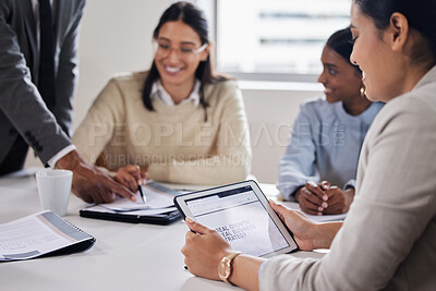 Buy stock photo Business people, meeting and hands with tablet in office for marketing strategy, idea and sales report. Creative team, planning and technology on desk for analysis, discussion and company growth