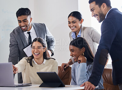 Buy stock photo Happy, office and reading report with news on teamwork with excited people and support in collaboration. Email, feedback and staff  synergy on project with announcement, info or online success