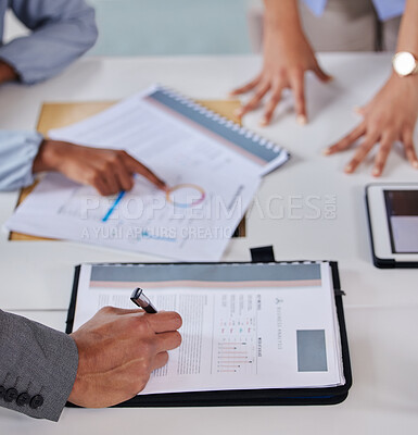 Buy stock photo Business people, hands and paperwork at company with growth analytics and document. Notes, data report and teamwork in a meeting with sales revenue information of professional staff with metrics