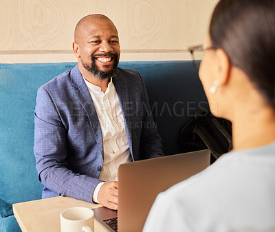 Buy stock photo Laptop, remote work and business people in a cafe for meeting, planning or idea discussion. Freelance, working and person team online for proposal, protect and research, happy and smile while talking
