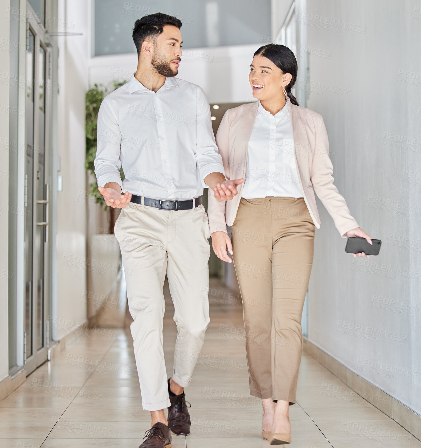 Buy stock photo Business people, walking and happy conversation in corridor with gossip, smile and chat in office. Work, friends and woman with man for discussion, talking or news of project, ideas or communication