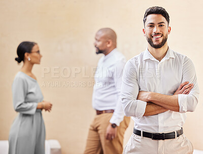 Buy stock photo Company, office and portrait of businessman with arms crossed for administration, pride and career. Professional person, work and smile with happiness for corporate, confidence and job in New York