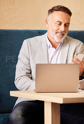 Buy stock photo Laptop, phone and relax with business man in office for social media, communication and networking. Technology, contact and internet with senior employee or ceo for message, digital and online news