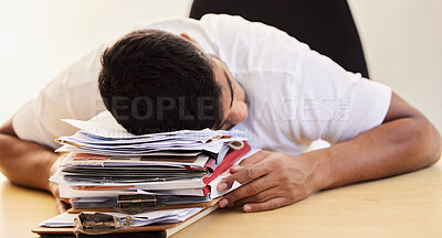 Buy stock photo Sleeping, business man and tax paperwork with a overworked and burnout of professional employee. Tired, worker and report deadline of male person with fatigue from audit stress and anxiety from work
