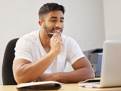 Buy stock photo Online, class and man in video call for college with headphones to talk with microphone in home. Happy, student and webinar chat with remote work for university, seminar or internet lecture on laptop