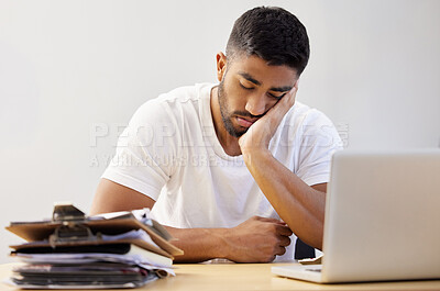 Buy stock photo Sleeping, business man and file paperwork with a overworked and burnout of professional employee. Tired, worker and report deadline of male person with fatigue from audit stress and anxiety from work