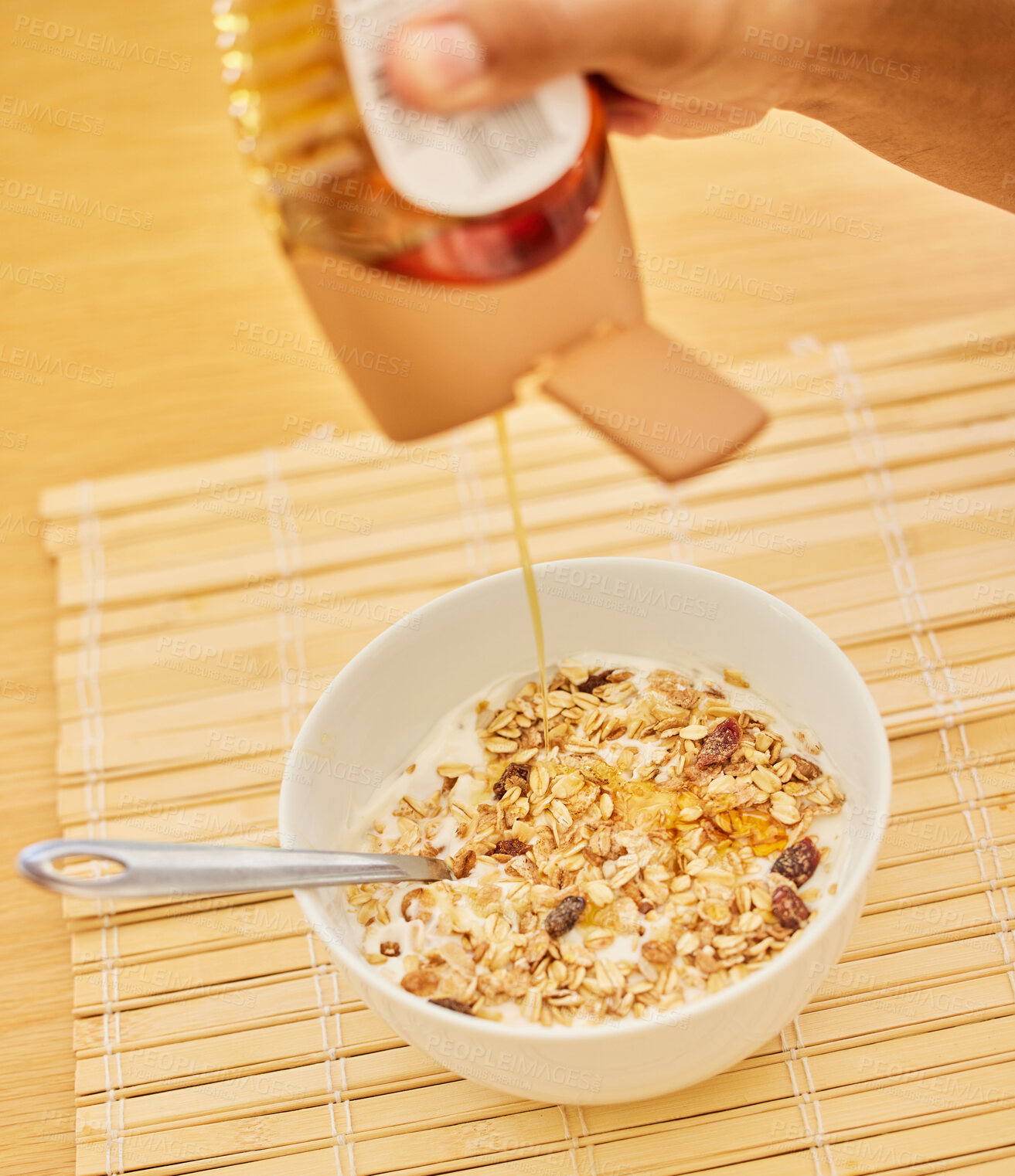 Buy stock photo Honey, hands or closeup of person with cereal, food with muesli for balance, benefits or gut health in home. Hungry, brunch and bowl with vitamins for diet, nutrition or healthy eating at breakfast