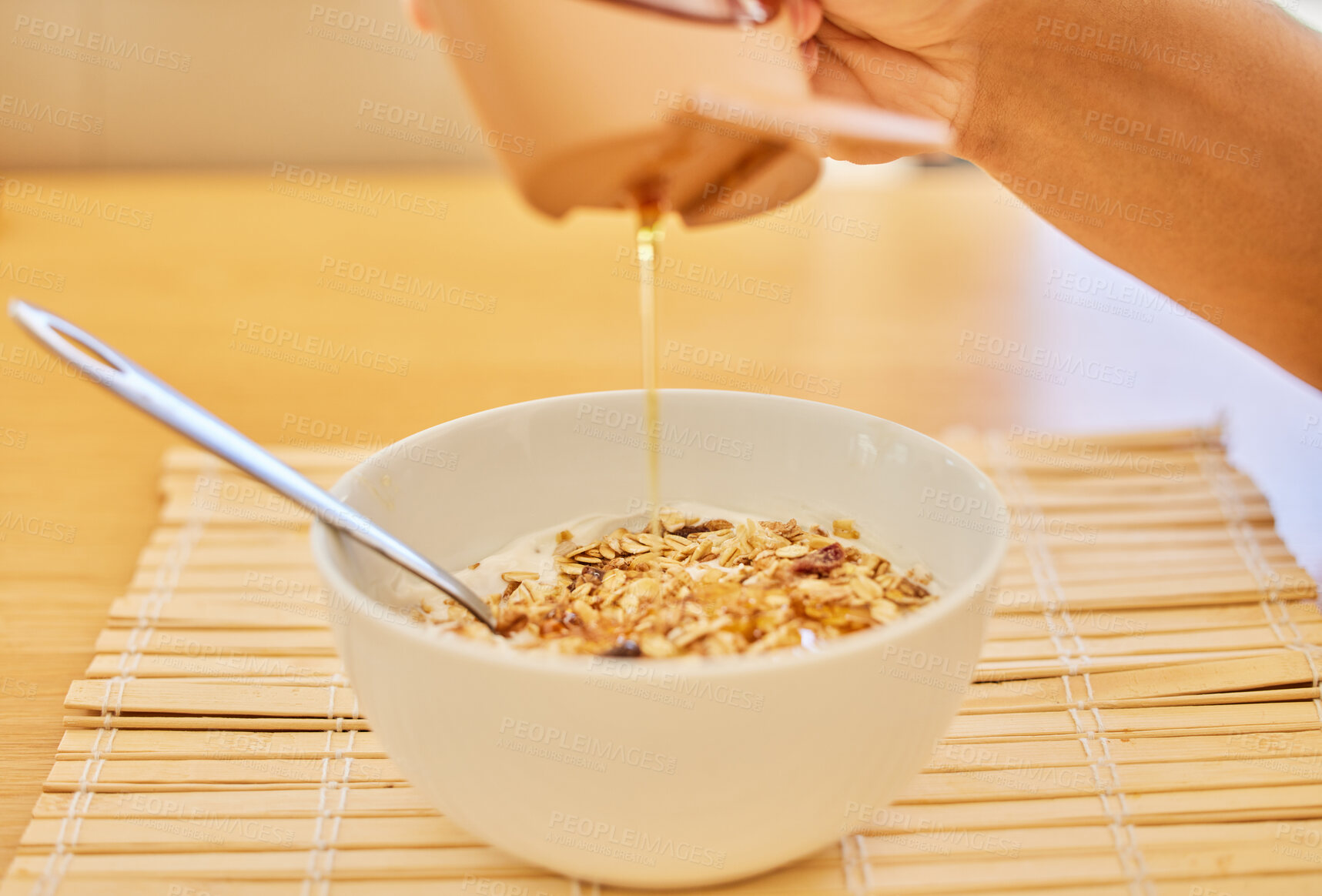 Buy stock photo Honey, hands or closeup of person with oatmeal, food with muesli for balance, benefits or gut health in home. Cereal, brunch and bowl with vitamins for diet, nutrition or healthy eating at breakfast