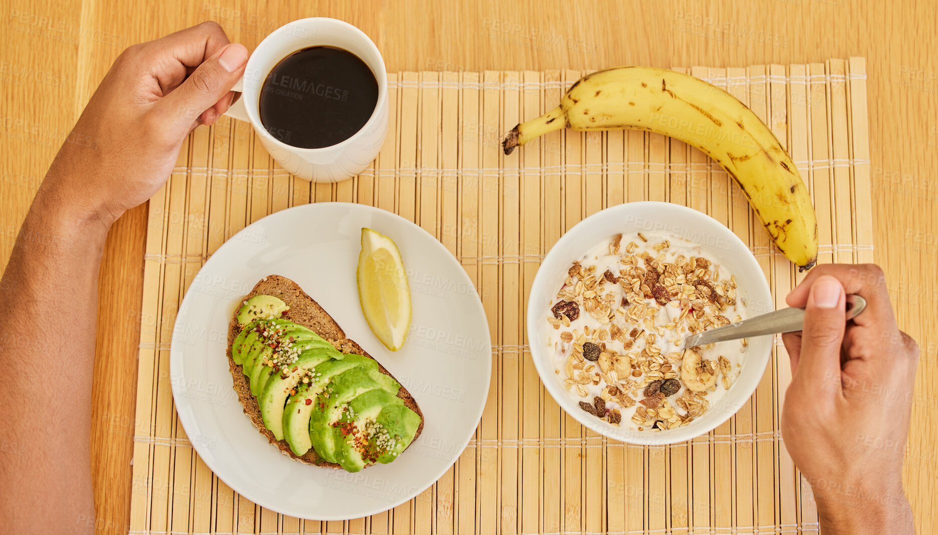 Buy stock photo Breakfast, hands or above of person with cereal, food with muesli for balance, benefits or gut health in home. Hungry, coffee drink and bowl with vitamins for diet, nutrition or healthy eating brunch