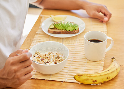 Buy stock photo Breakfast, healthy food on table and coffee with man, hands and cereal, banana and avocado on toast for health and diet. Health, wellness and nutrition with male person eating morning meal at home