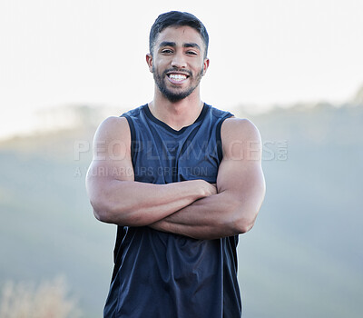 Buy stock photo Outdoor, portrait or Indian man with smile for running workout, fitness exercise or healthy wellness. Athlete, proud runner or happy sports person ready to start training with arms crossed in nature