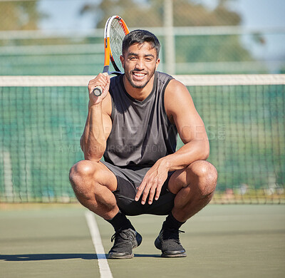 Buy stock photo Portrait, happy and Indian man on tennis court for fitness training, cardio workout or sports exercise outdoors. Smile, confident and healthy athlete with racket to start challenge in game or match
